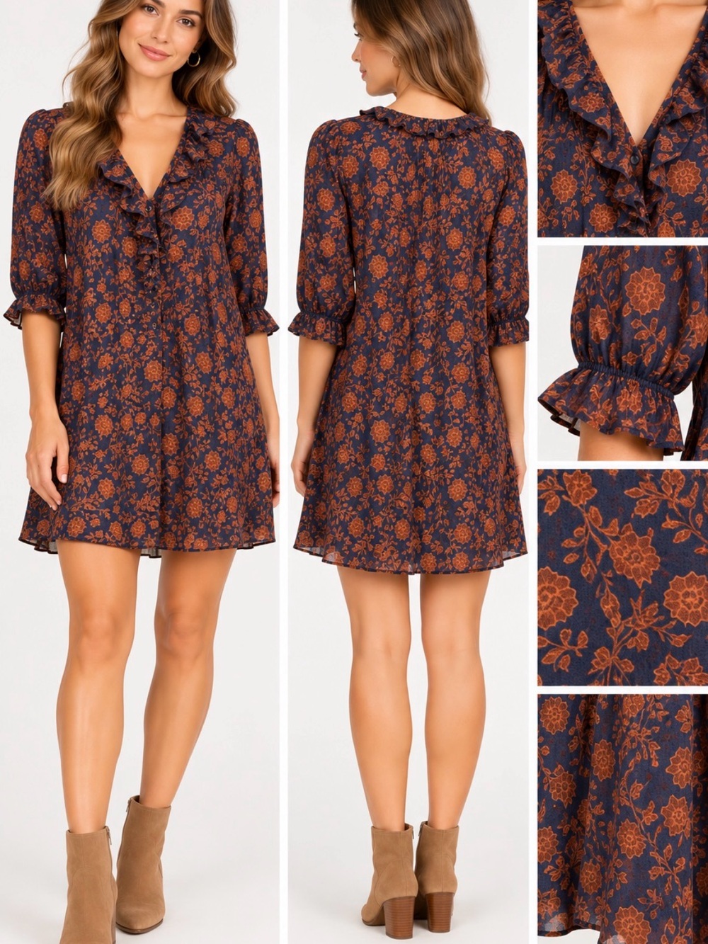 Paneros NWT XXS Navy Rust Floral Ruffle Button Front Mini Dress